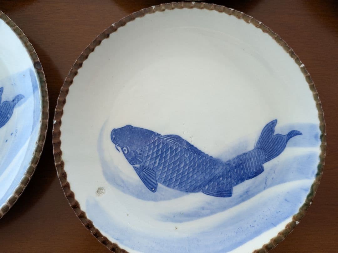 m*0様 青い鯉の絵柄の皿 イゲ皿 直径約24cm 10枚セット アンティーク