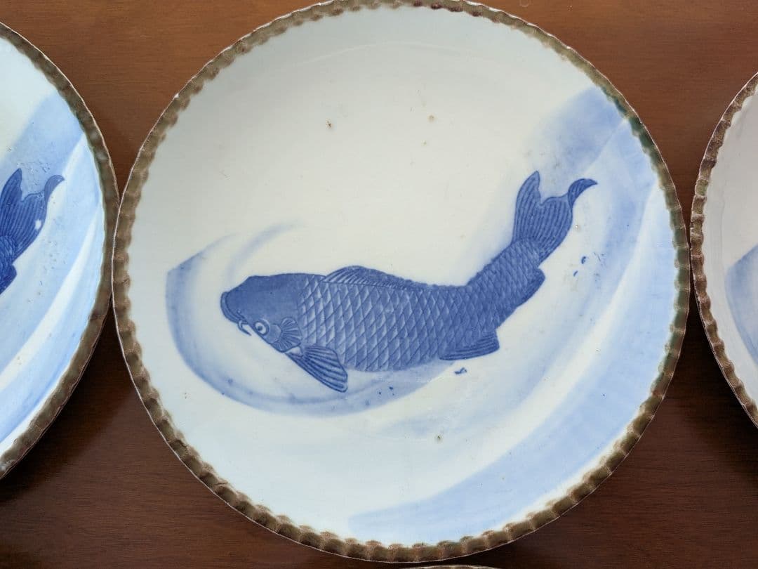 m*0様 青い鯉の絵柄の皿 イゲ皿 直径約24cm 10枚セット アンティーク