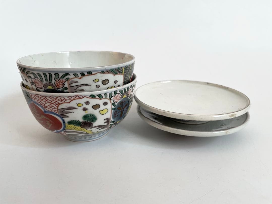 骨董　アンティーク　古伊万里　色絵　蓋付碗　煮物碗　飯碗　蓋茶碗　二客