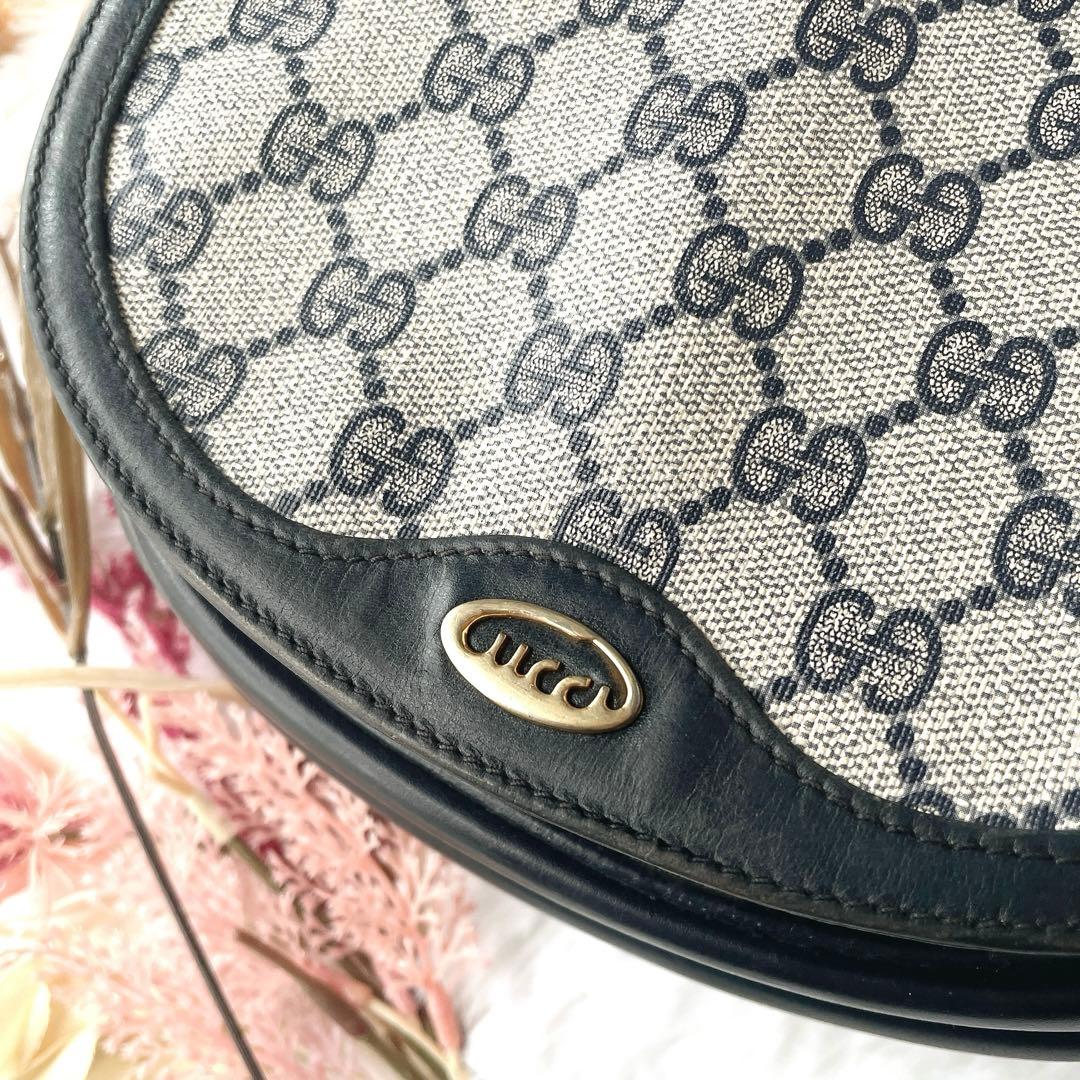 美品⭐︎OLD GUCCI ggシマ ネイビー レザー ロゴ金具 ショルダーバッグ