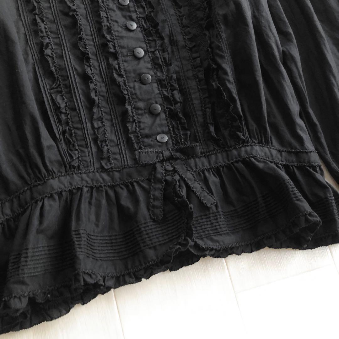 カネコイサオ 綿ローン ピンタック ピコフリル 黒 ブラウス