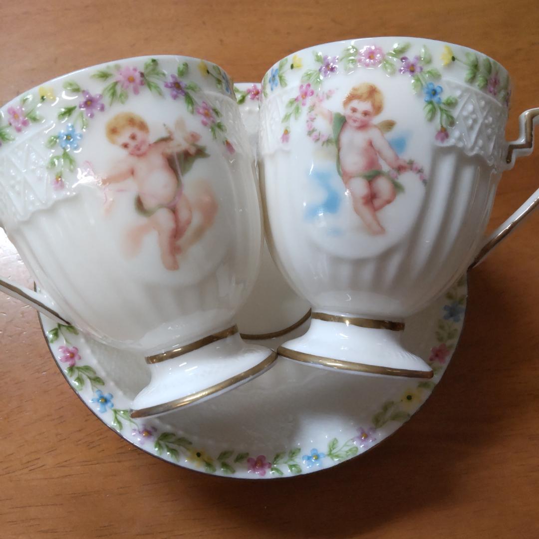 カップ&ソーサー　2客セット　エンゼル　天使　マイセン風　パステル