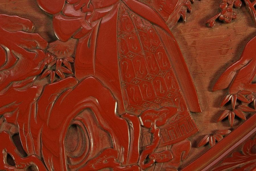 仿古 堆朱 刻 梅下女人紋 菱盆(K-LC479)