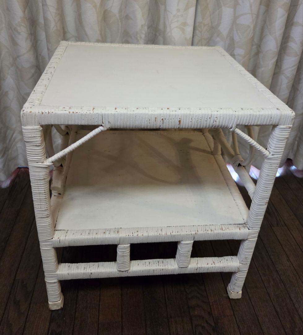 昭和レトロ/籐 ラタン/ラック 棚/シャビーペイント/ホワイト 白/アンティーク