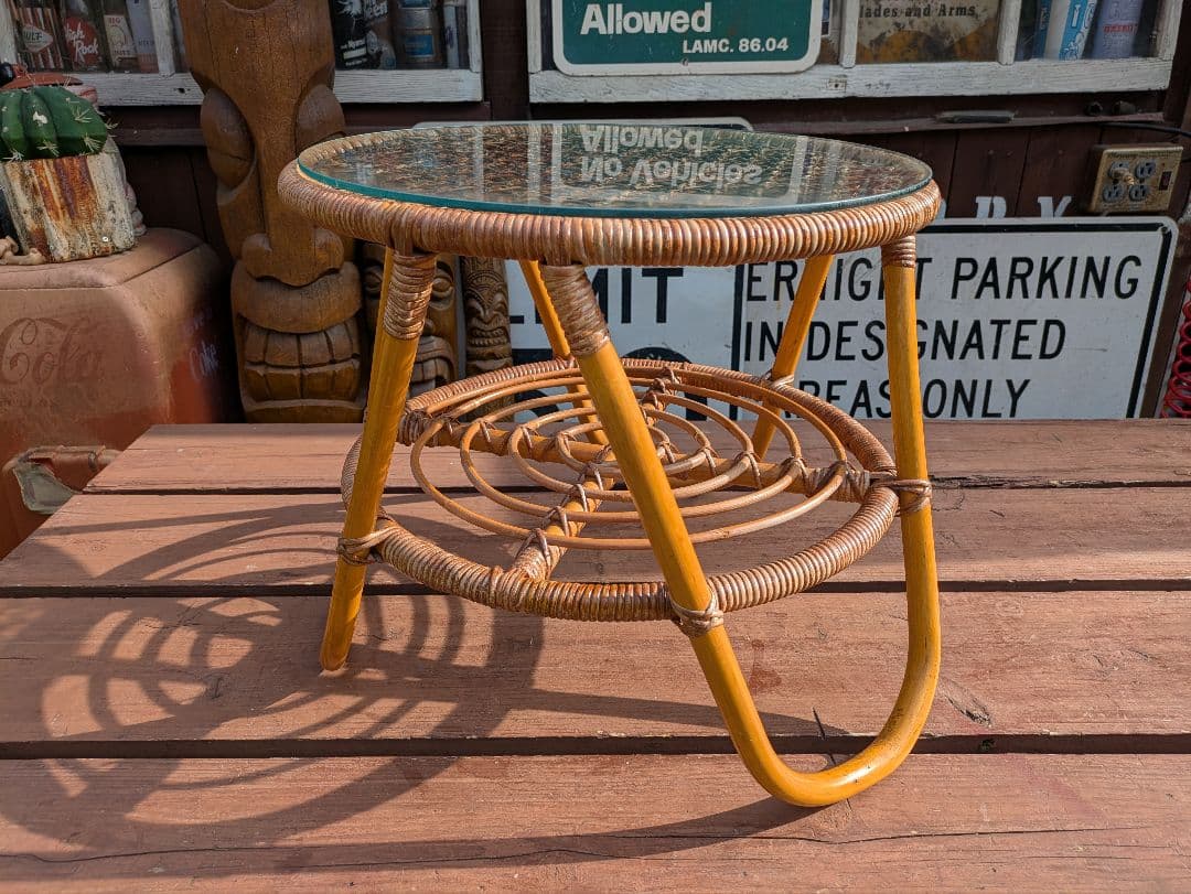 ビンテージ オールド ラタン ガラステーブル コーヒーテーブル