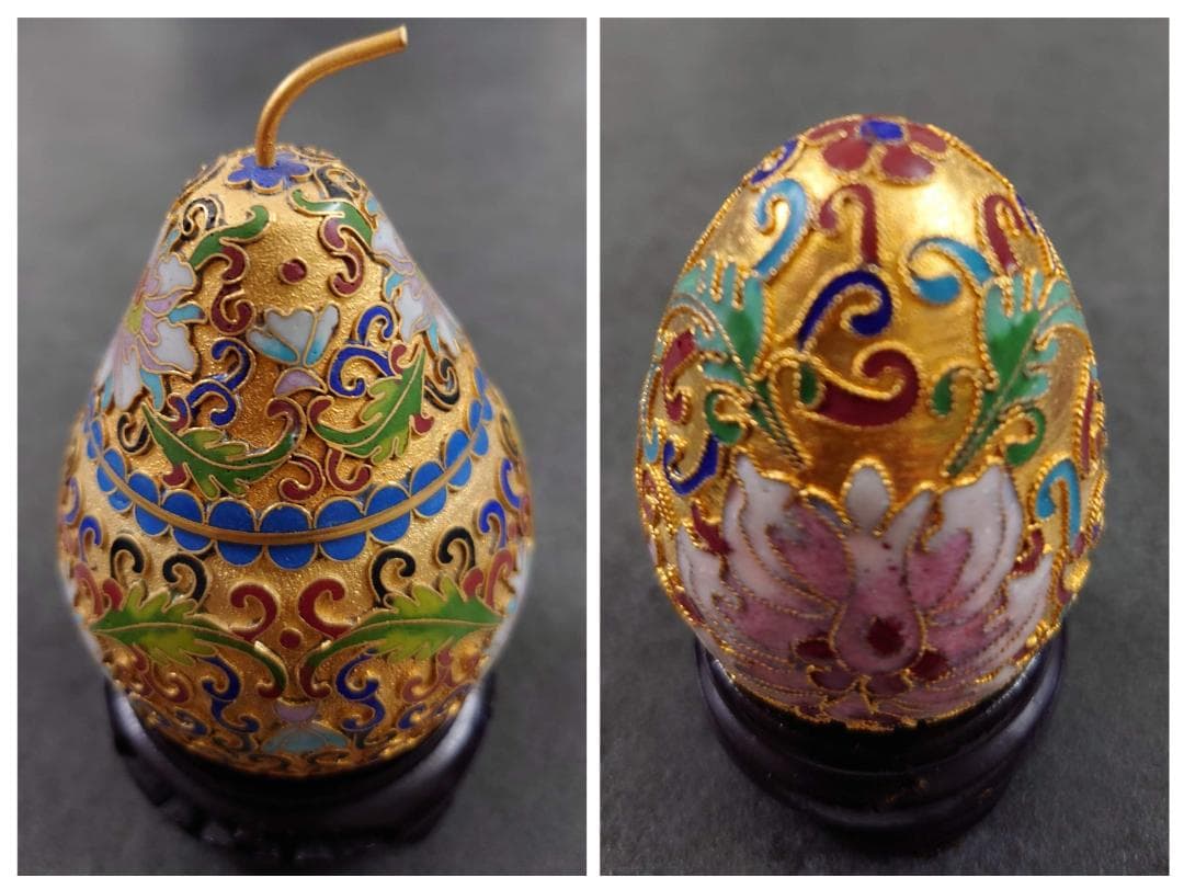 中国工芸品 景泰蓝 花瓶・梨・玉子 置物 3点セット 七宝焼