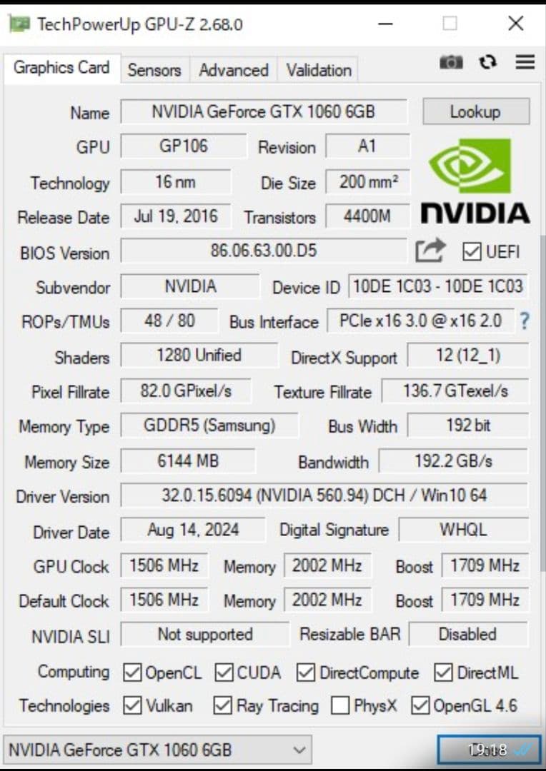 NVIDIA GeForce 1060 6GB 動作確認済み