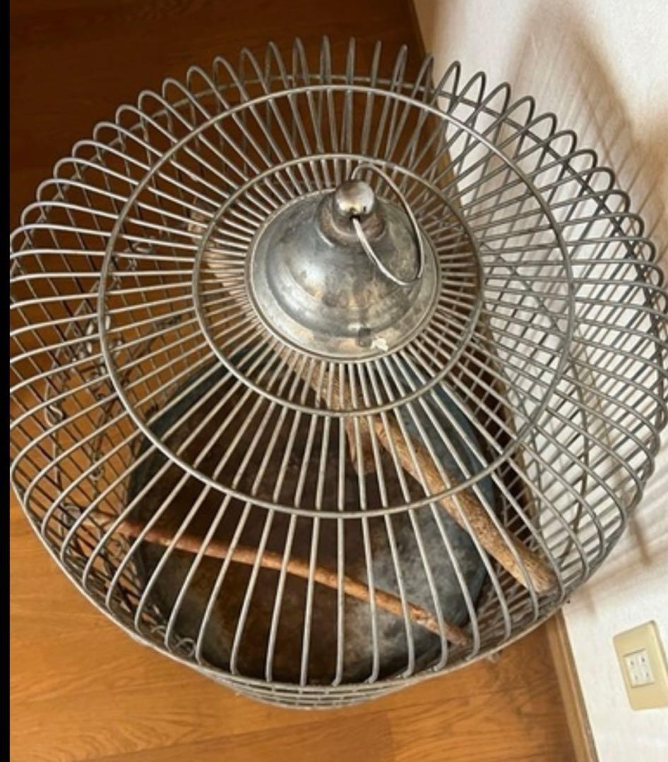 【昭和レトロ】大型鳥かご 金属製 木製止まり木２本