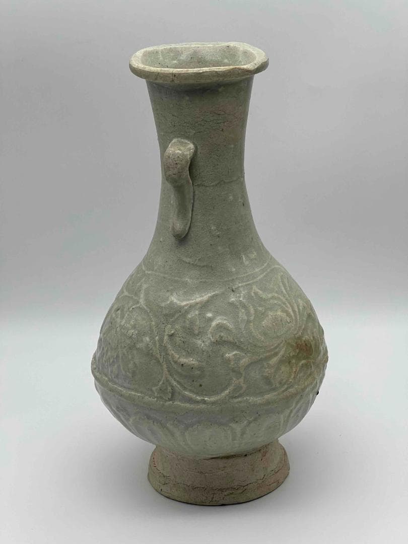 北宋時代　青白磁刻花牡丹文双耳瓶　景徳鎮　影青　唐物　古賞物(E-76)