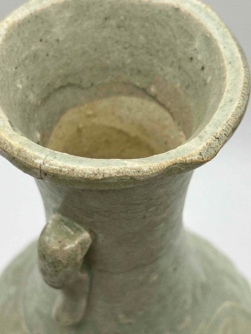 北宋時代　青白磁刻花牡丹文双耳瓶　景徳鎮　影青　唐物　古賞物(E-76)