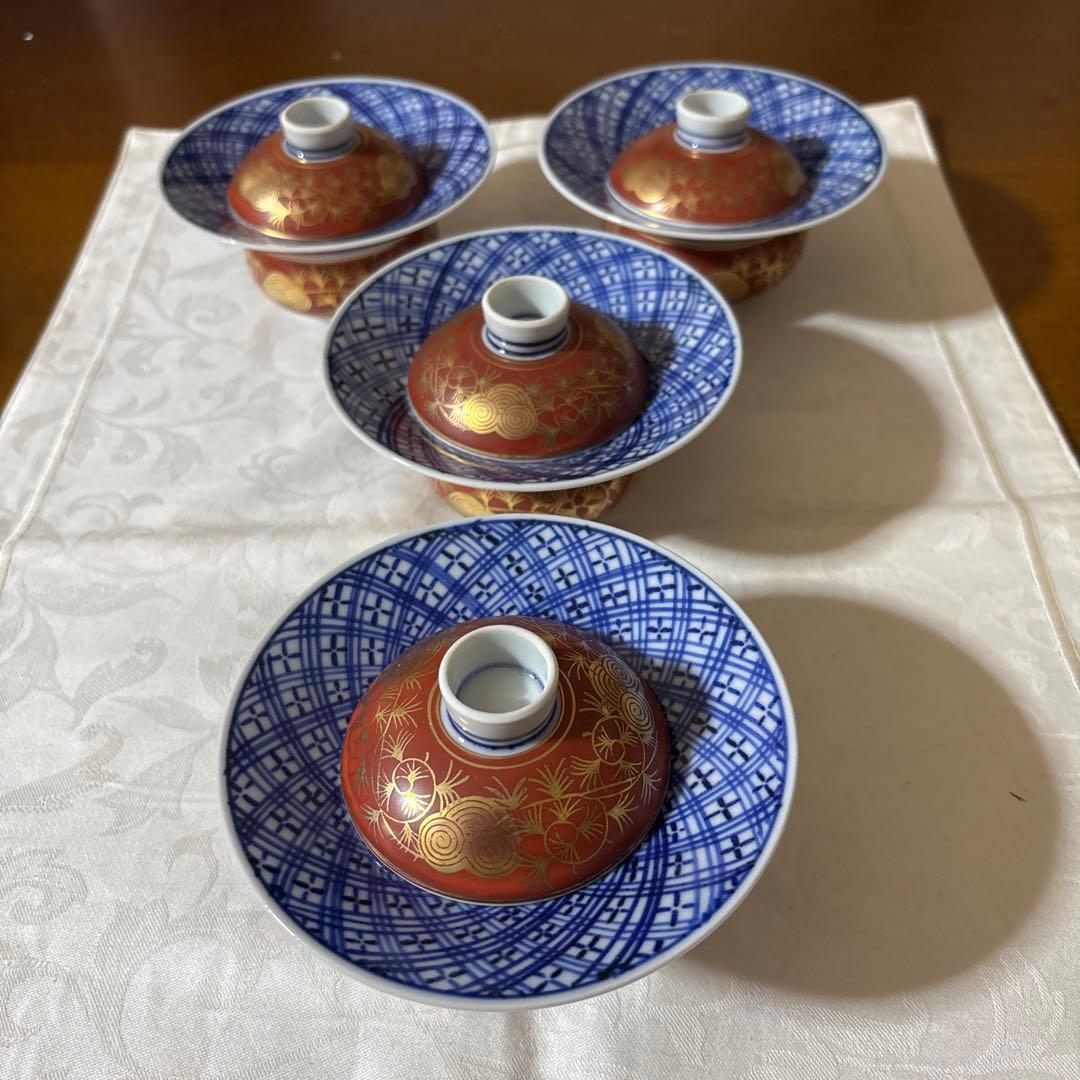 九谷焼　上出長右衛門　上出長右衛門窯　煮物碗　むし碗　蓋付き小鉢　4 個