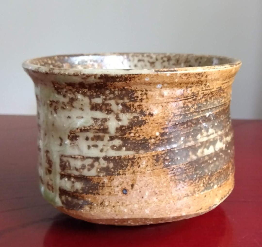 越前焼名工　桝田屋光生 自然灰釉ビードロ模様美還元窯変の究極美が迸る逸品 筒茶碗