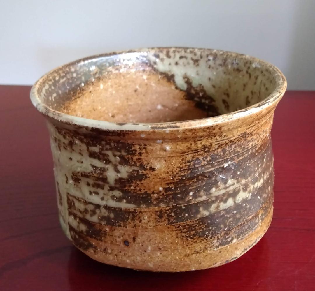 越前焼名工　桝田屋光生 自然灰釉ビードロ模様美還元窯変の究極美が迸る逸品 筒茶碗