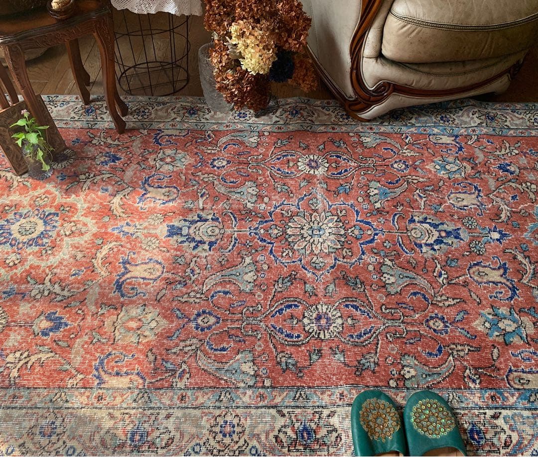 超大判　トルコヴィンテージラグ　234× 132 テラコッタオレンジ　ボタニカル