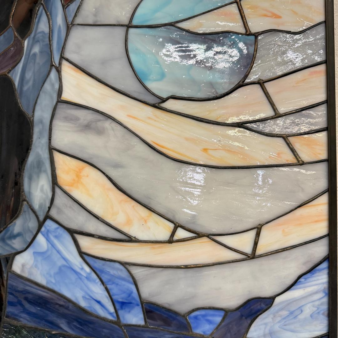 【幅61.5㎝】【希少】大型 ステンドグラス 狼と月 遠吠え 壁掛け パネル