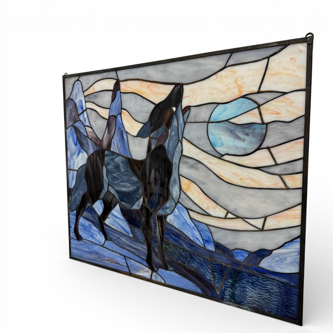 【幅61.5㎝】【希少】大型 ステンドグラス 狼と月 遠吠え 壁掛け パネル