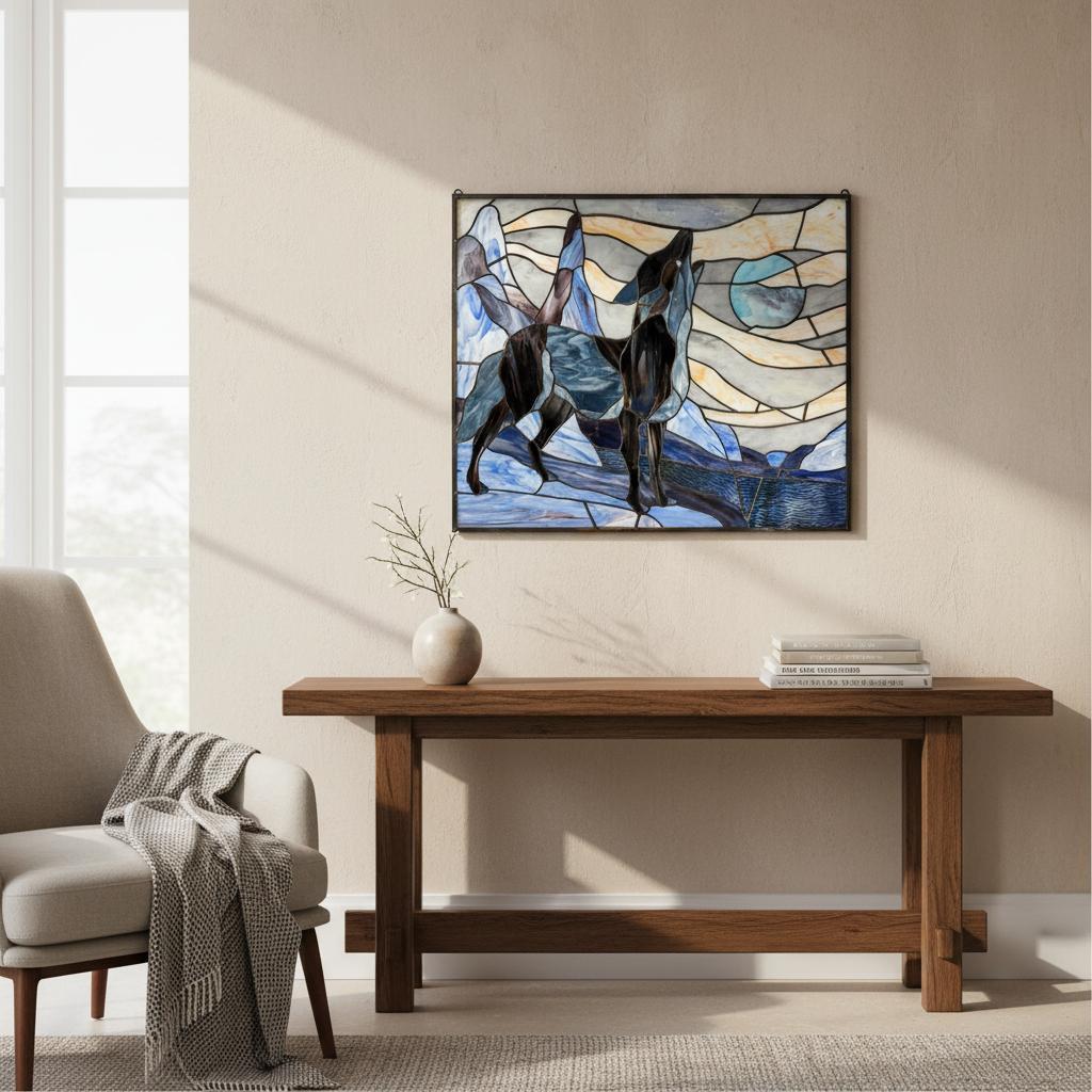 【幅61.5㎝】【希少】大型 ステンドグラス 狼と月 遠吠え 壁掛け パネル