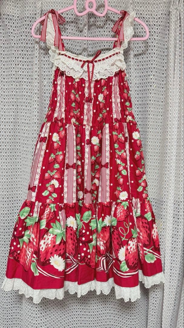 Angelic Pretty 摘みたていちごシャーリングジャンパースカートレッド