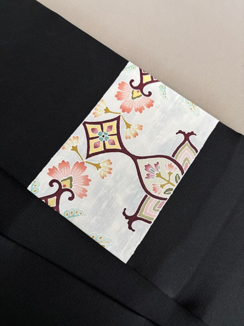 正絹 塩瀬 黒地 装飾華文 九寸名古屋帯 極美品