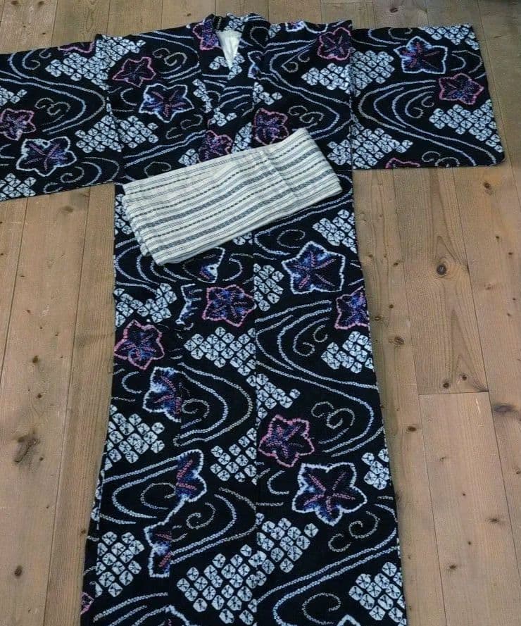 【濃紺】絞り浴衣/献上柄正絹半幅帯　セット