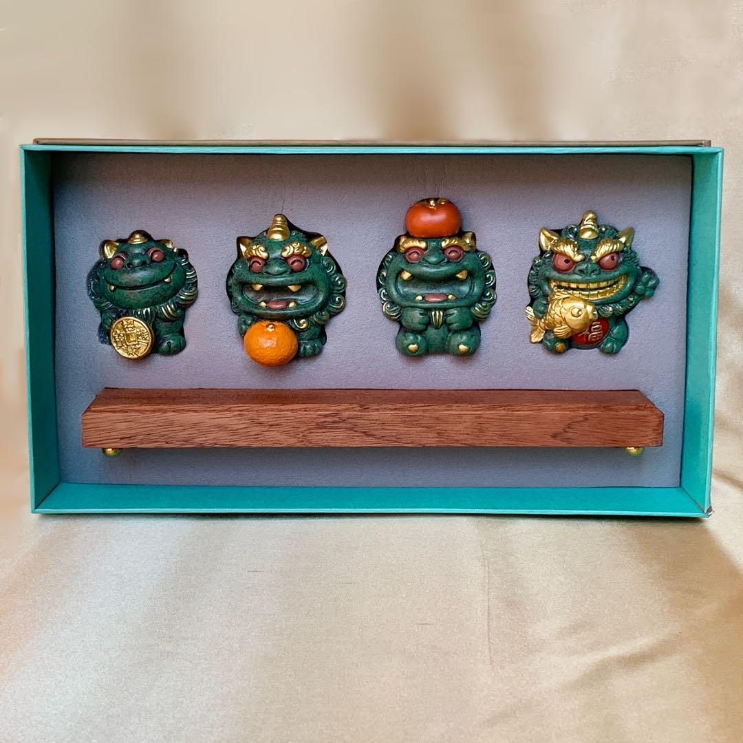 縁起物‪☆徳化白磁作家 監修/貔貅（ひきゅう）4体セット 木製台座・証明カード付