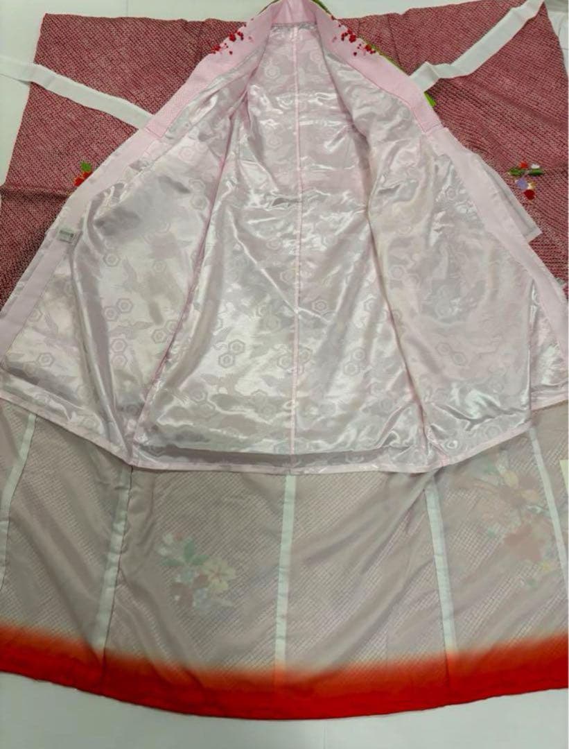 七五三　7歳女の子　正絹　豪華絞り　刺繍　高級本仕立　2点セット　熨斗目　桜