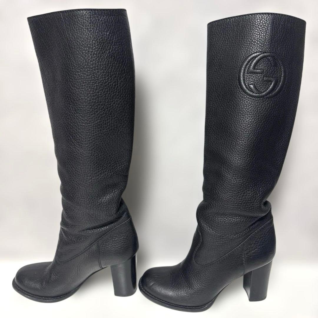 グッチ インターロッキング ロングブーツ 【36】チャンキーヒール ブラック