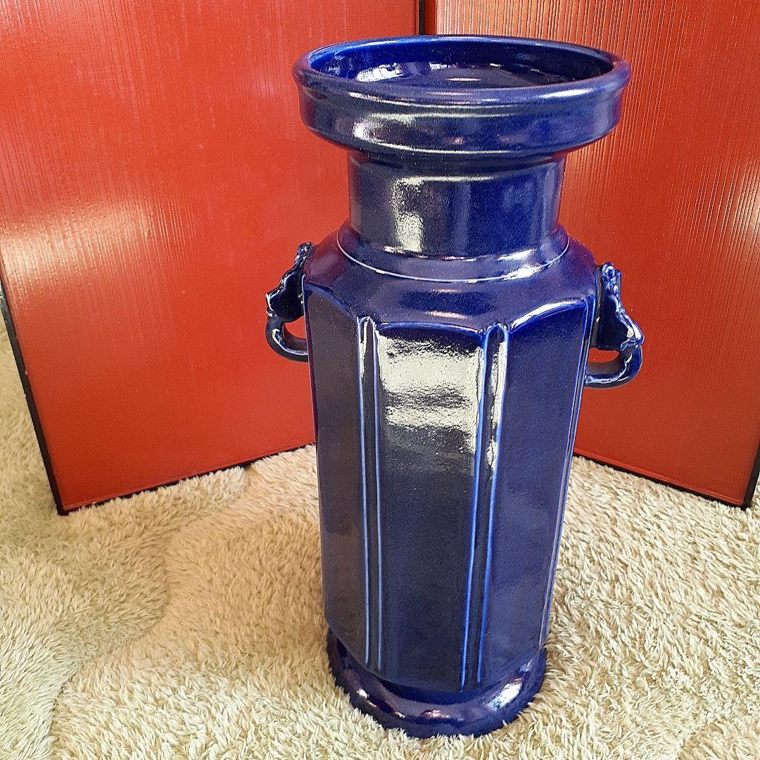 清朝瑠璃8面取り蜻蛉耳付き花入れ