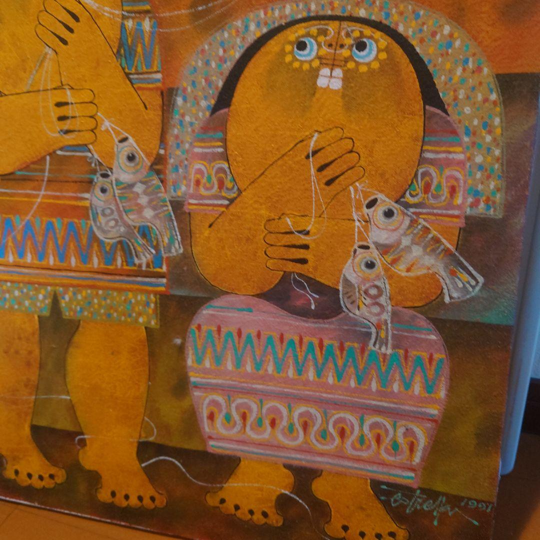 【１９９１年】漁師と魚の手描き絵画　油絵