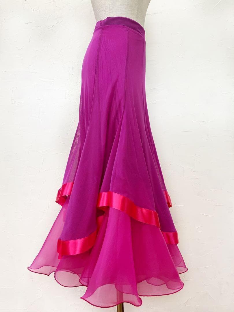 フーシャピンク　新作 社交ダンス用裾サテンテープ 　ロングフレアスカートｄ071