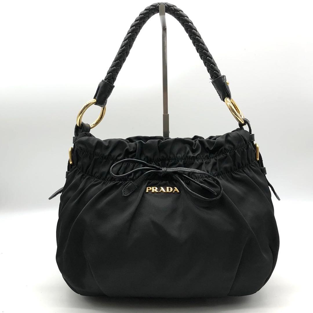 ✨美品✨プラダ ワンショルダーバッグ ロゴ金具 ハンドル編み込み ナイロン 黒