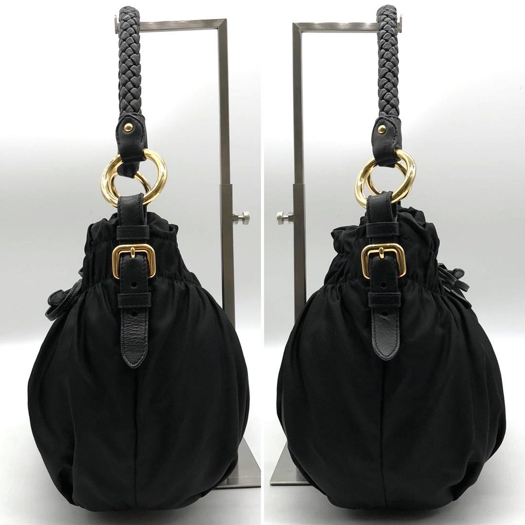 ✨美品✨プラダ ワンショルダーバッグ ロゴ金具 ハンドル編み込み ナイロン 黒
