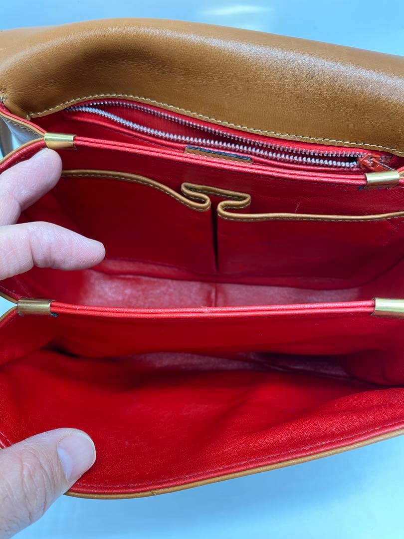 希少　オールドセリーヌ　ブラウン　キャメル　レザー　斜めがけ　ゴールド金具