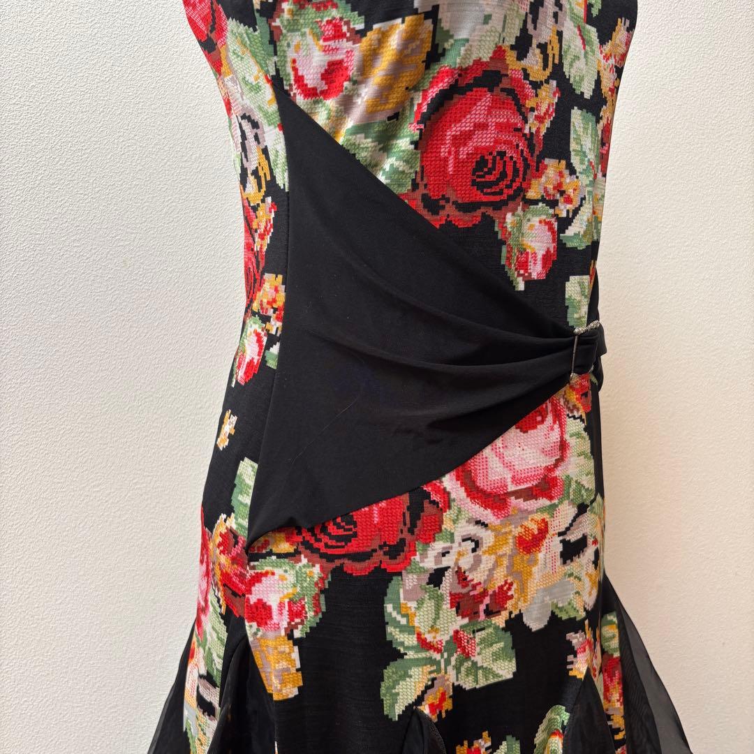 【美品】イチオク 社交ダンス ドレス ワンピース 花柄 ローズ ティアード 黒