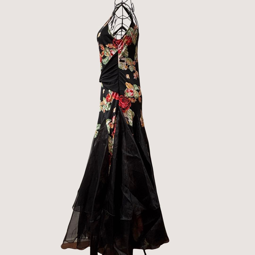 【美品】イチオク 社交ダンス ドレス ワンピース 花柄 ローズ ティアード 黒
