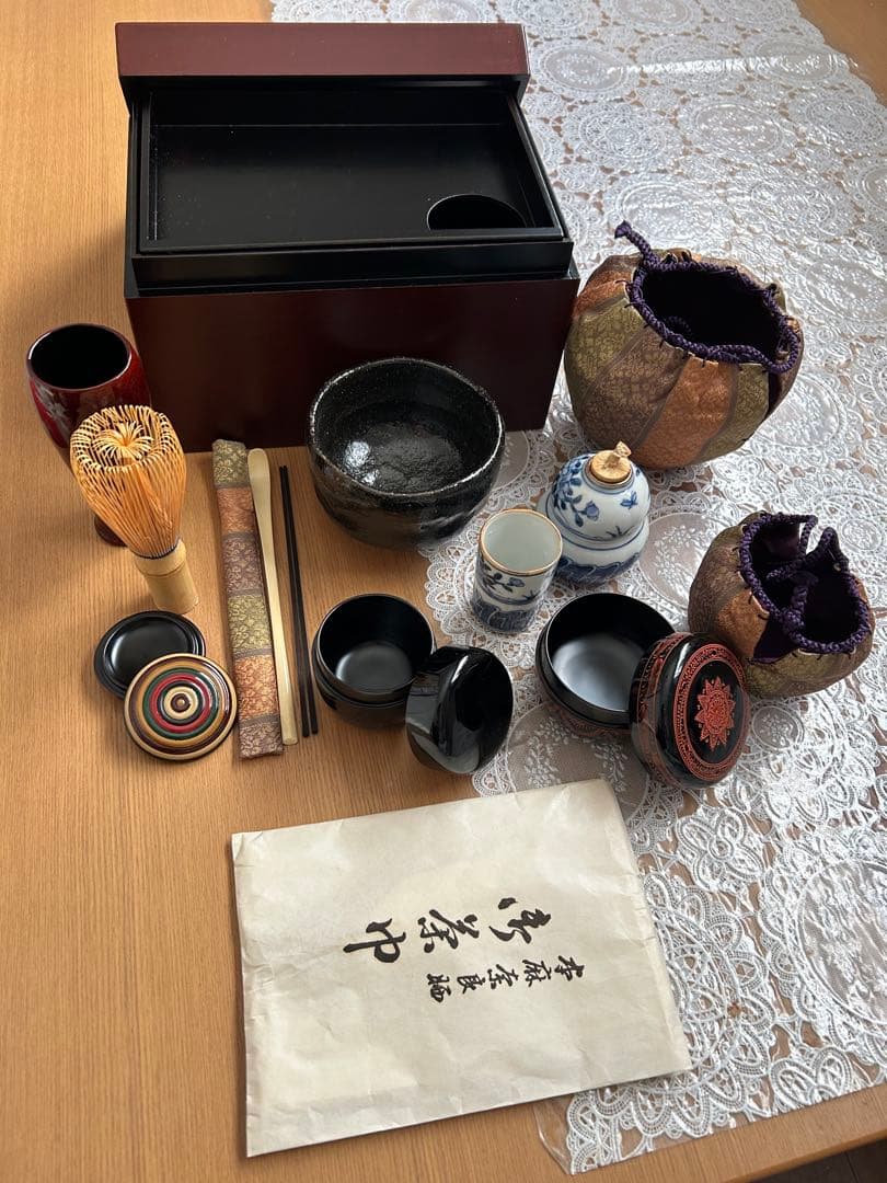 茶道具セット 一式 焦茶箱付き 木箱のサイズ 約高さ14㌢幅21㌢奥行き15㌢