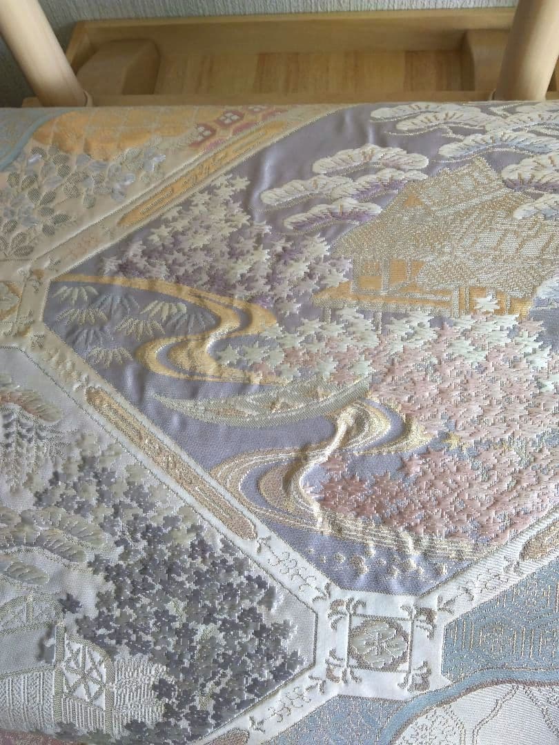 最終値下げ O-292 西陣袋帯 六通 唐織 膨れ織 建物 流水 正絹 美品