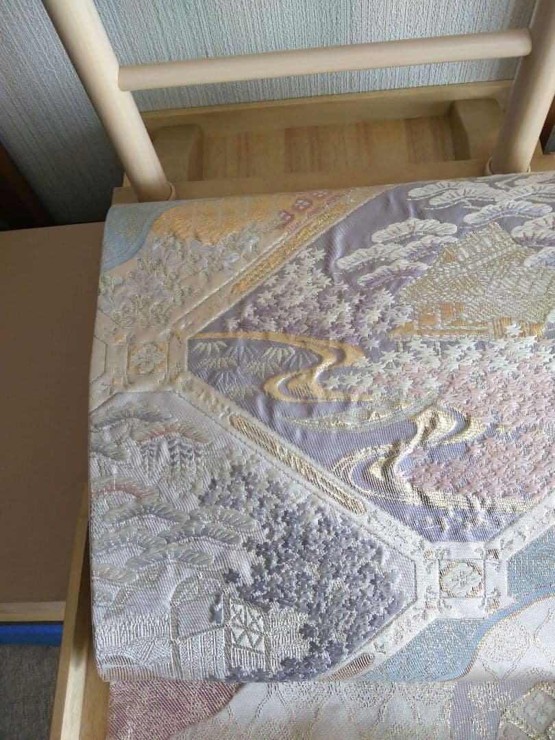 最終値下げ O-292 西陣袋帯 六通 唐織 膨れ織 建物 流水 正絹 美品