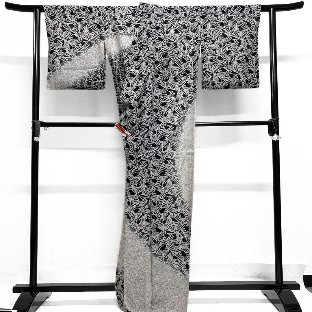 夏用　紗　松模様　たたき染め　モノトーン　訪問着　着物　035a p