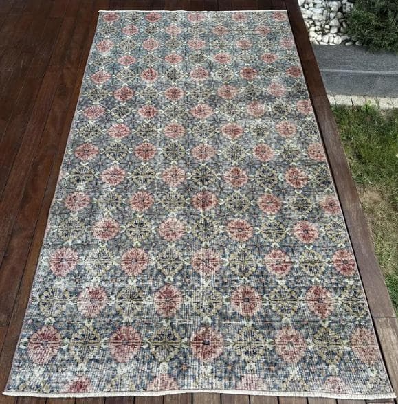 トルコ ヴィンテージラグA3 大判 レア ブルー グレー ベージュ ピンク