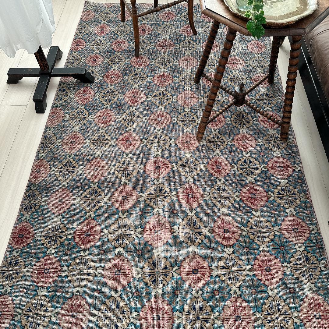 トルコ ヴィンテージラグA3 大判 レア ブルー グレー ベージュ ピンク