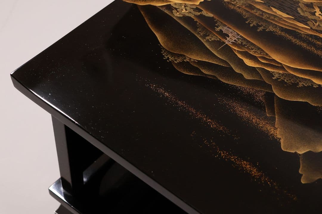 【MA771】蒔絵師 久世宗春 研出山水蒔絵 上手 冠卓 二段卓 共箱 木製