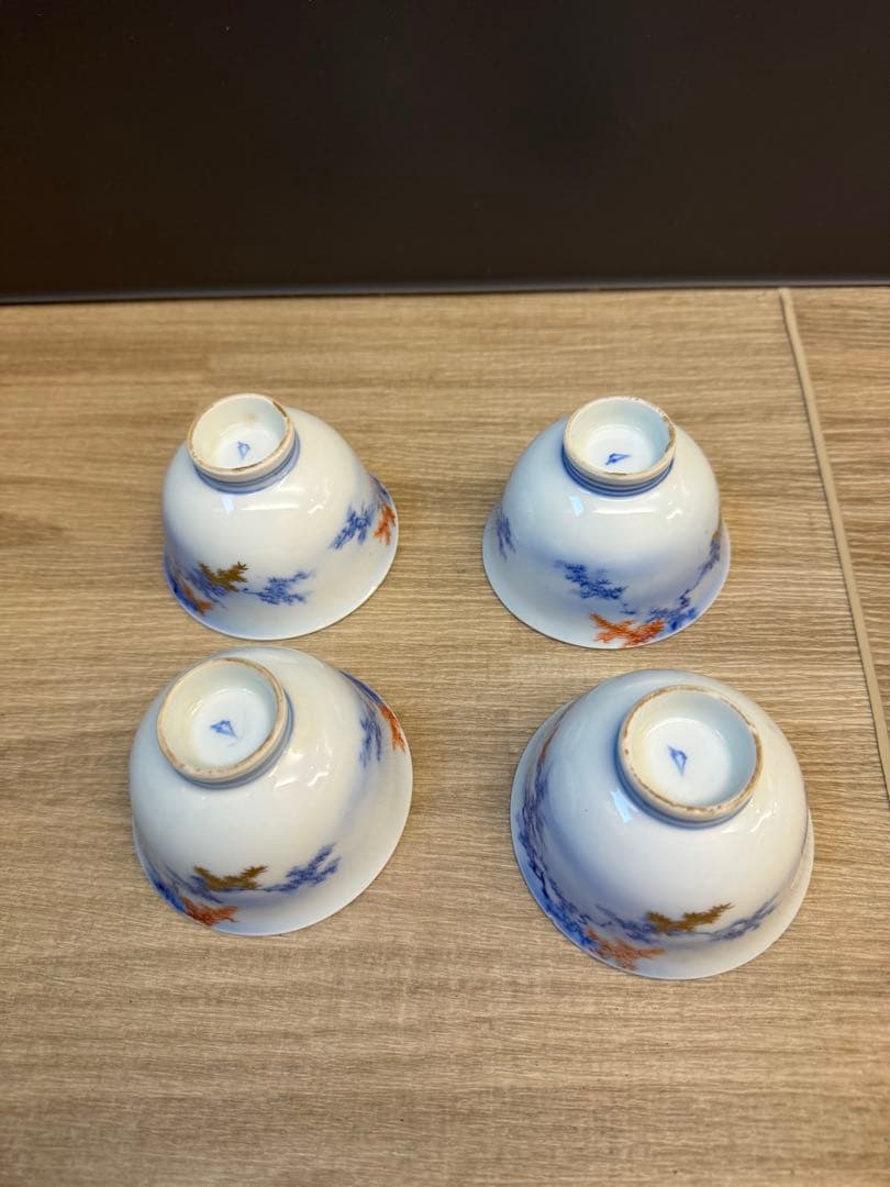1522 深川製磁　染付紅葉　湯呑4客　時代物