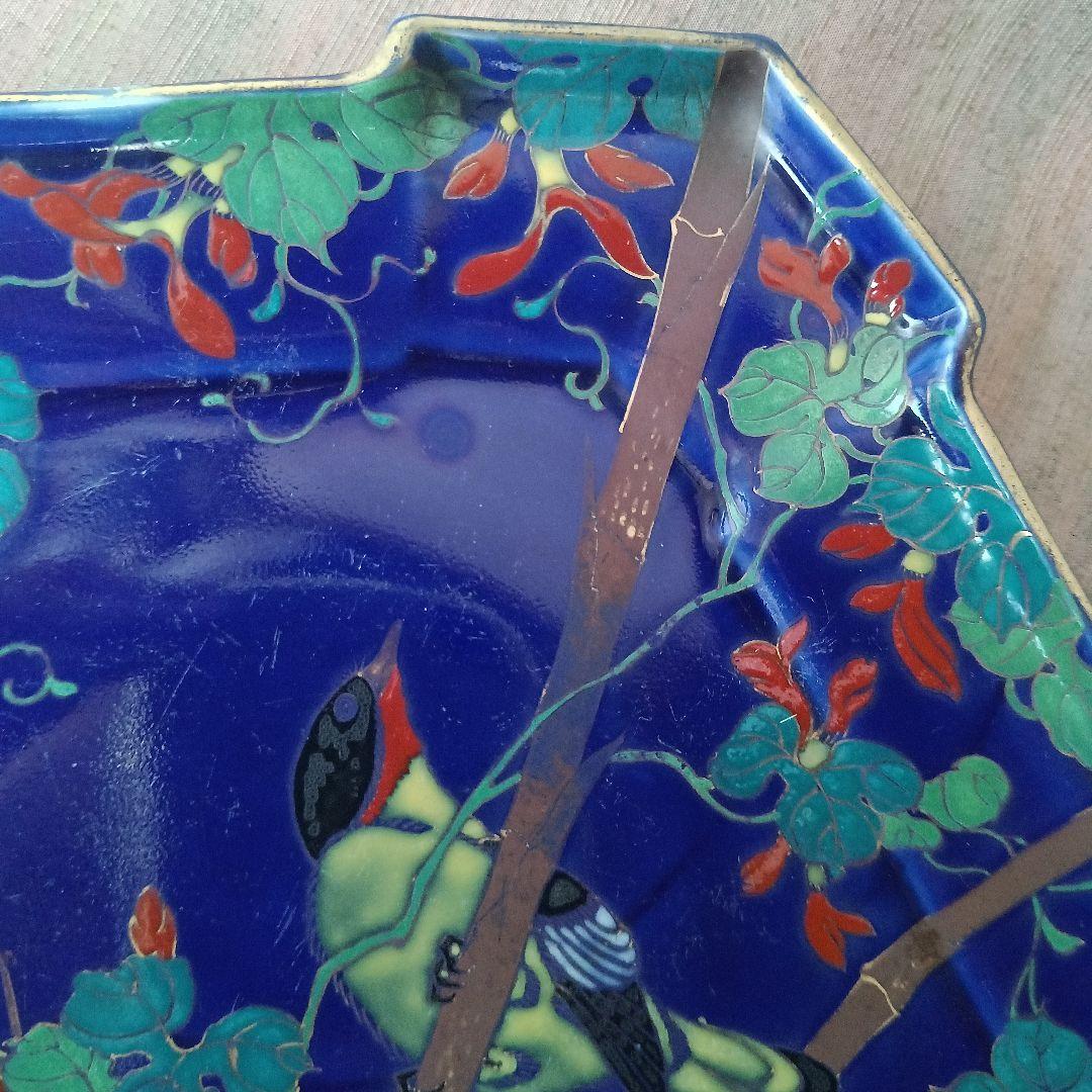 （希少）　明治伊万里　オールド香蘭社？　瑠璃花鳥菱形変形皿　　有田焼