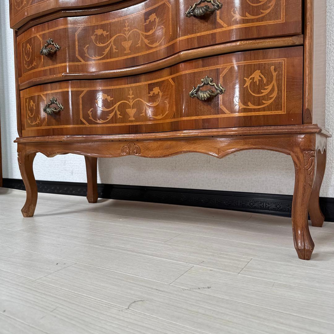 イタリア製 チェスト 3段 象嵌 金属取手 猫脚 i4※