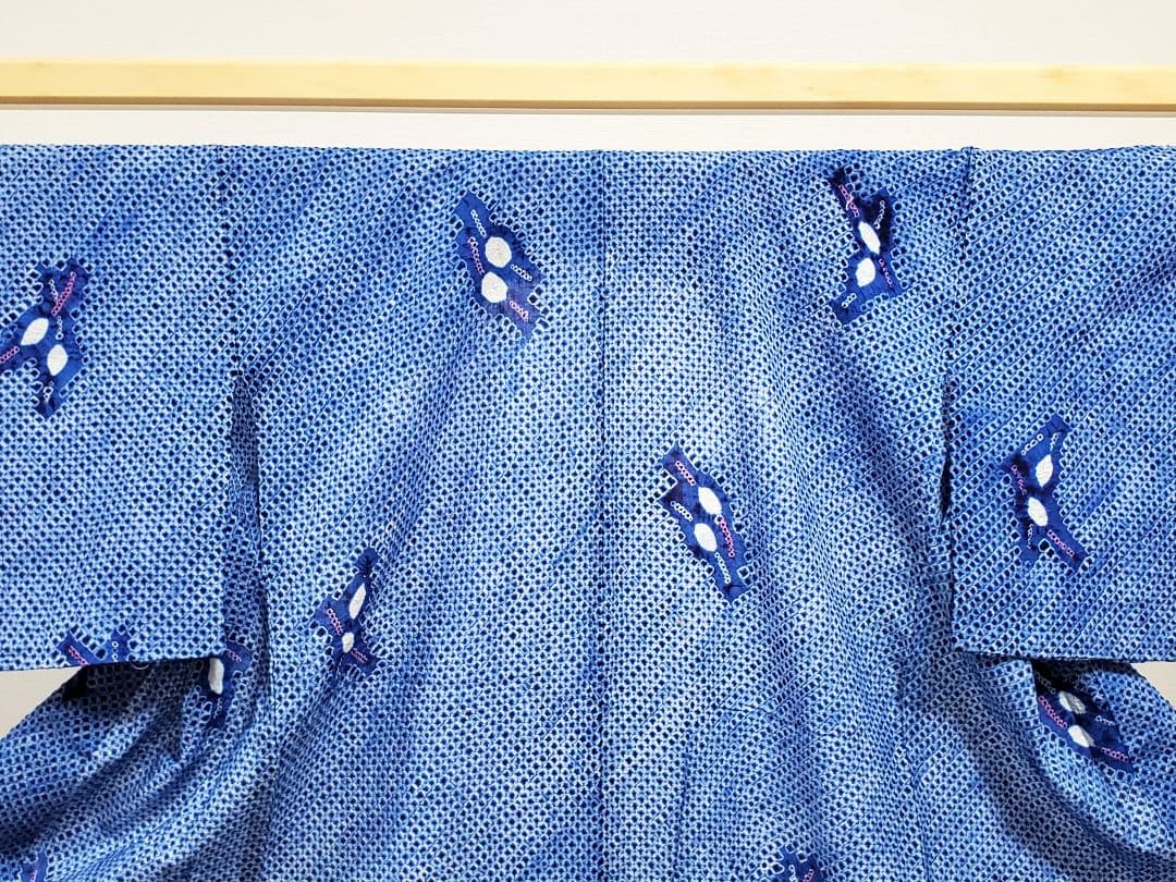 A9 有松鳴海絞り 松葉模様 藍染 白色 綿 浴衣 着物 07