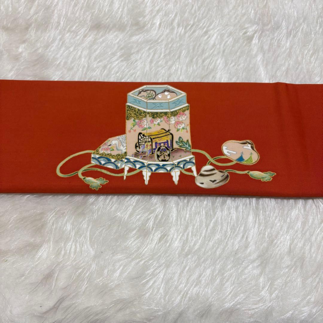 ✨ 美品【 名古屋帯 九寸帯 】 貝桶 平安貴族 塩瀬 太鼓柄 手描き 391