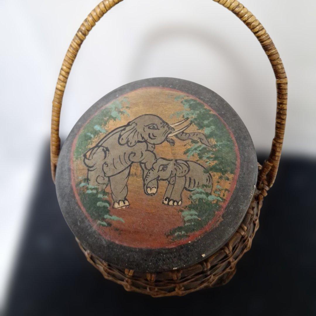 希少 タイ ラオス 伝統工芸品 もち米入れ 手描き 象 親子 ラタン編み 骨董
