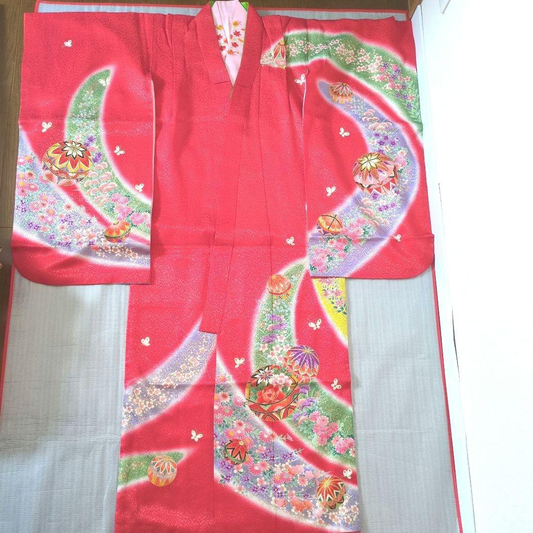 七五三フルセット　七歳　鞠文　美品　金彩加工　正絹他　赤