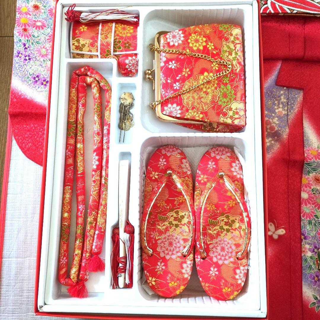七五三フルセット　七歳　鞠文　美品　金彩加工　正絹他　赤